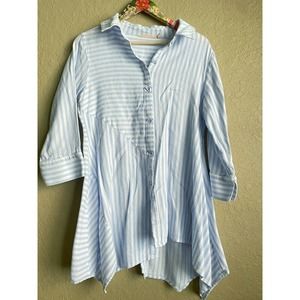 Soft Surroundings Tunic Top Blue White Striped Asymmetrical Button Front Size M